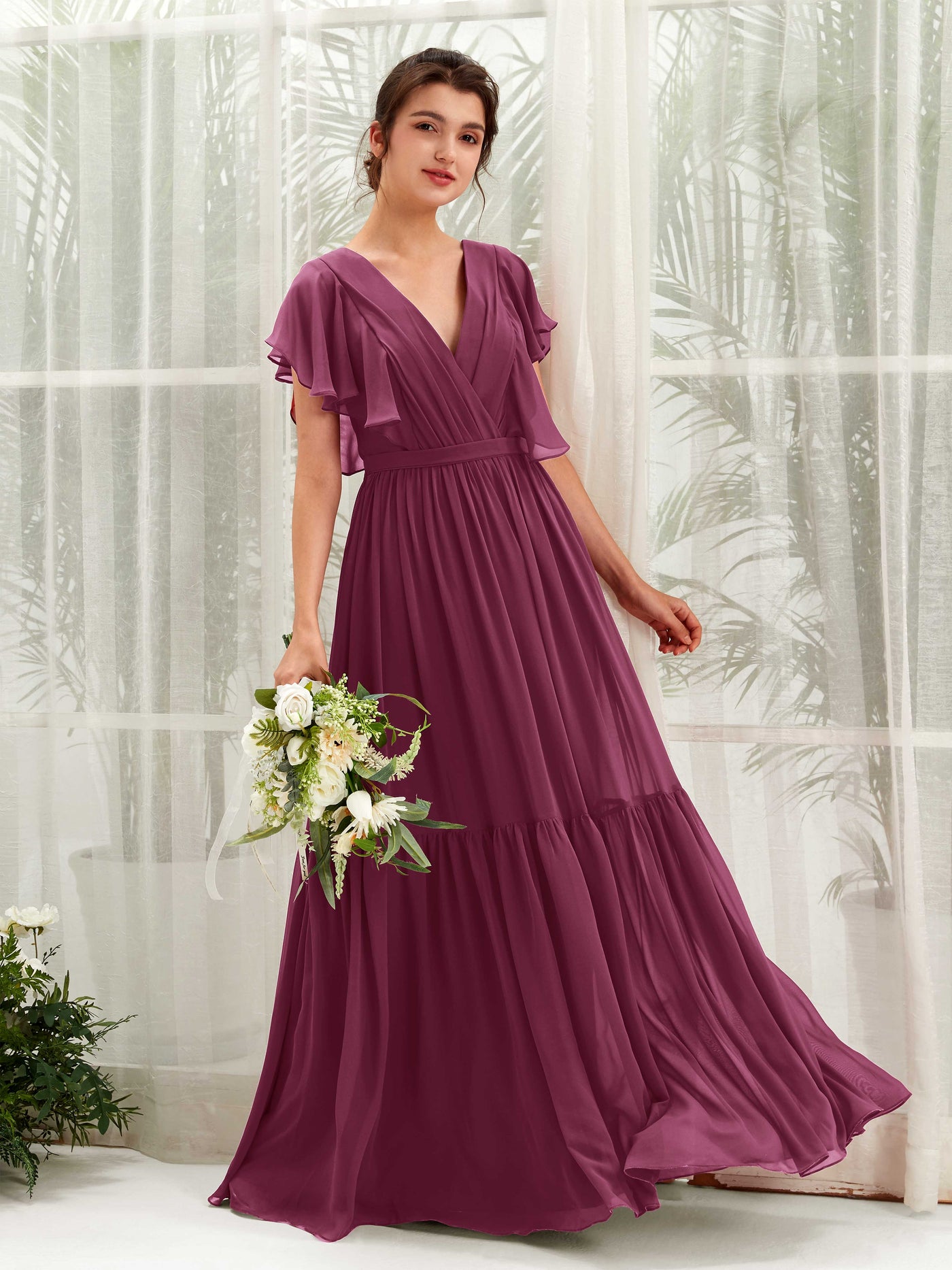 V-neck Cap Sleeves Chiffon Bridesmaid Dress - Chianti (81225934)#color_chianti