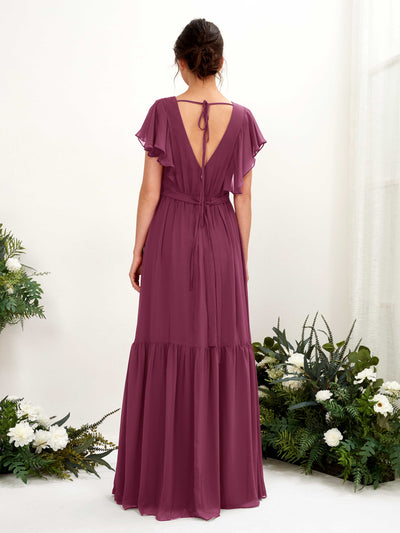 Carlyna Chaya A-Line Chianti Bridesmaid Dress Maxi Cap Sleeve V-Neck Dress Back View #color_chianti