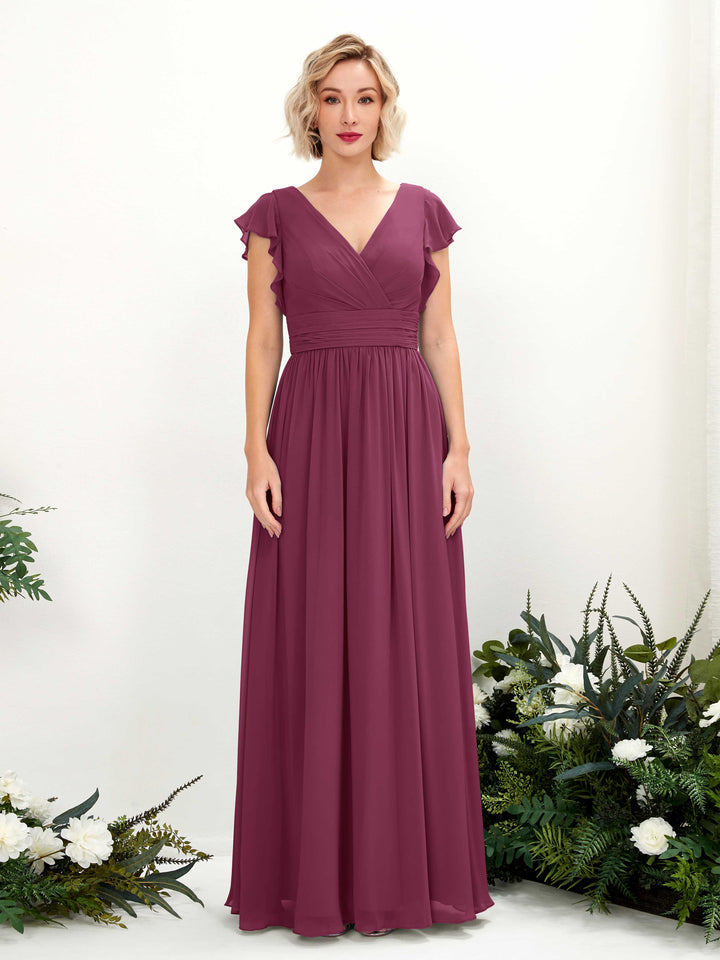 V-neck Short Sleeves Chiffon Bridesmaid Dress - Chianti (81222734)