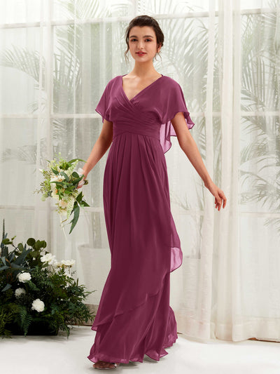 Carlyna Darlene A-Line Chianti Bridesmaid Dress Maxi Short Sleeve V-Neck Dress Front View #color_chianti
