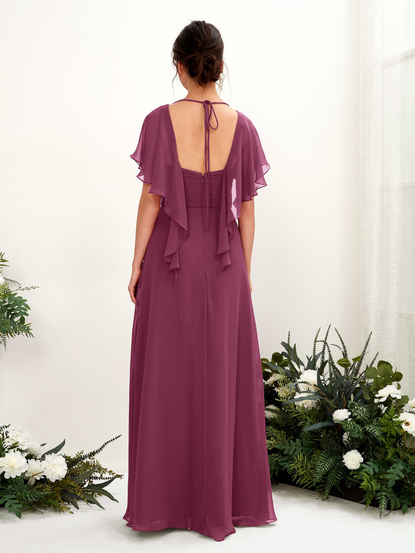 V-neck Short Sleeves Chiffon Bridesmaid Dress - Chianti (81226134)#color_chianti