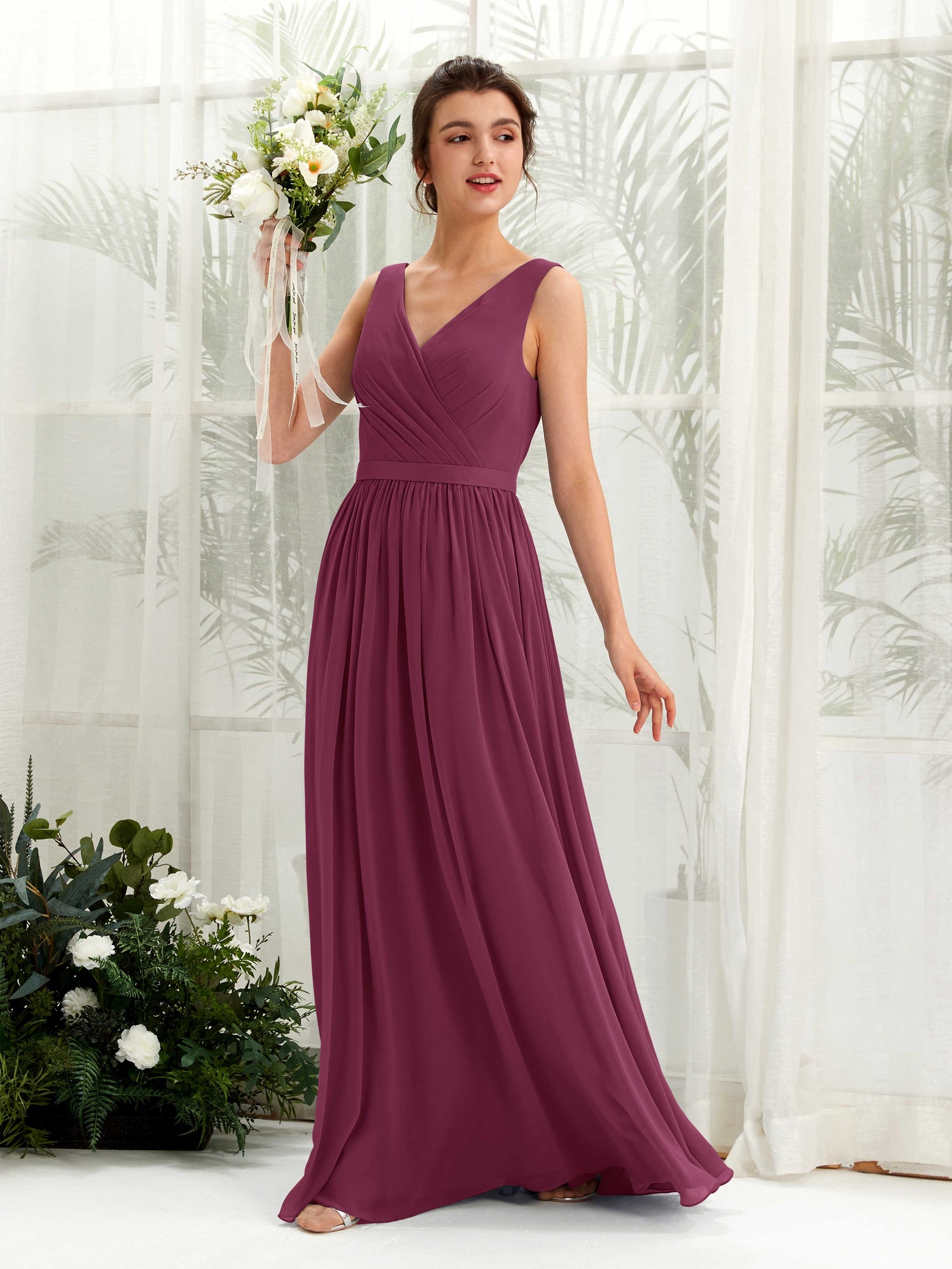 V-neck Sleeveless Chiffon Bridesmaid Dress - Chianti (81223634)#color_chianti