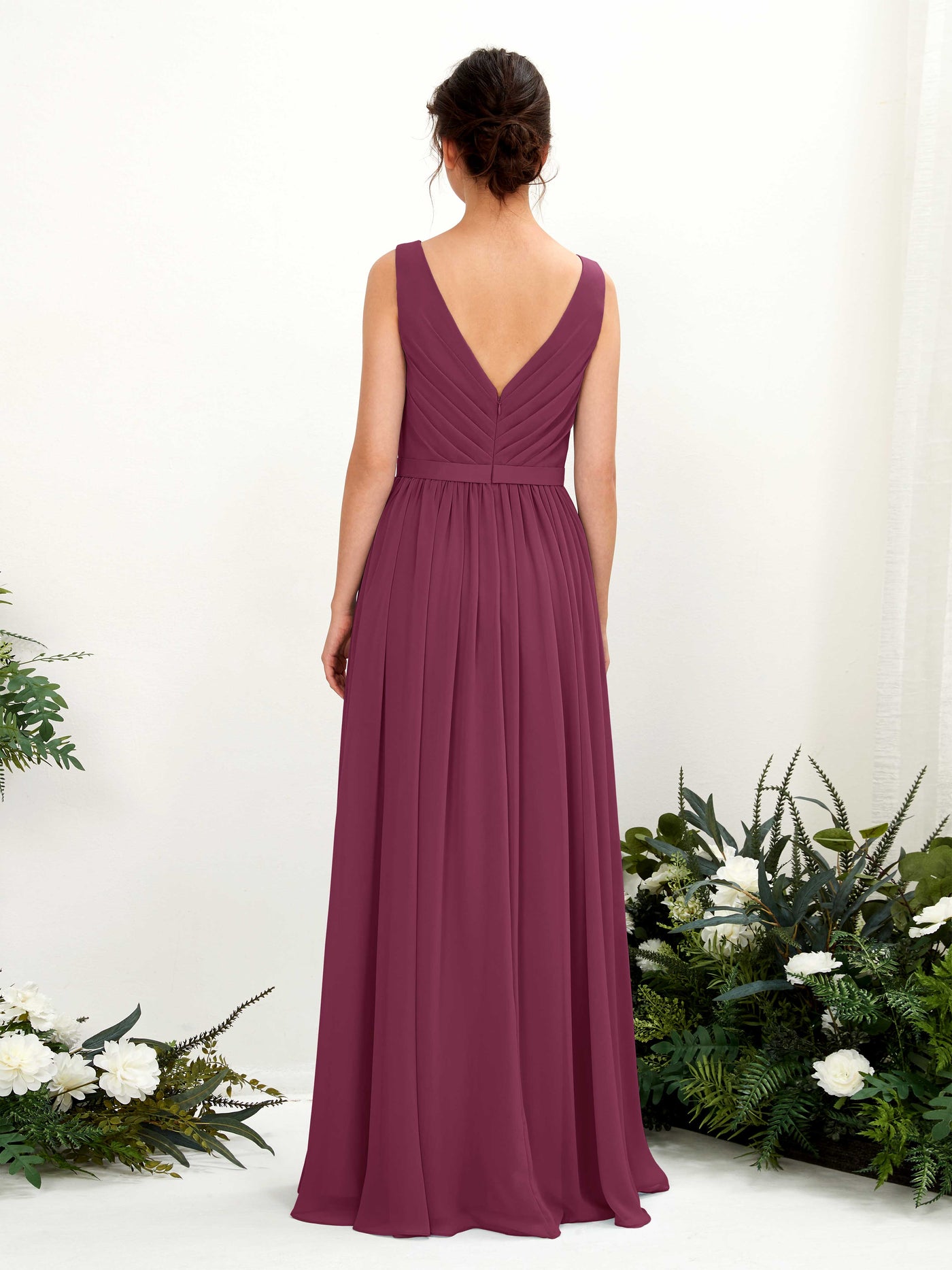 V-neck Sleeveless Chiffon Bridesmaid Dress - Chianti (81223634)#color_chianti