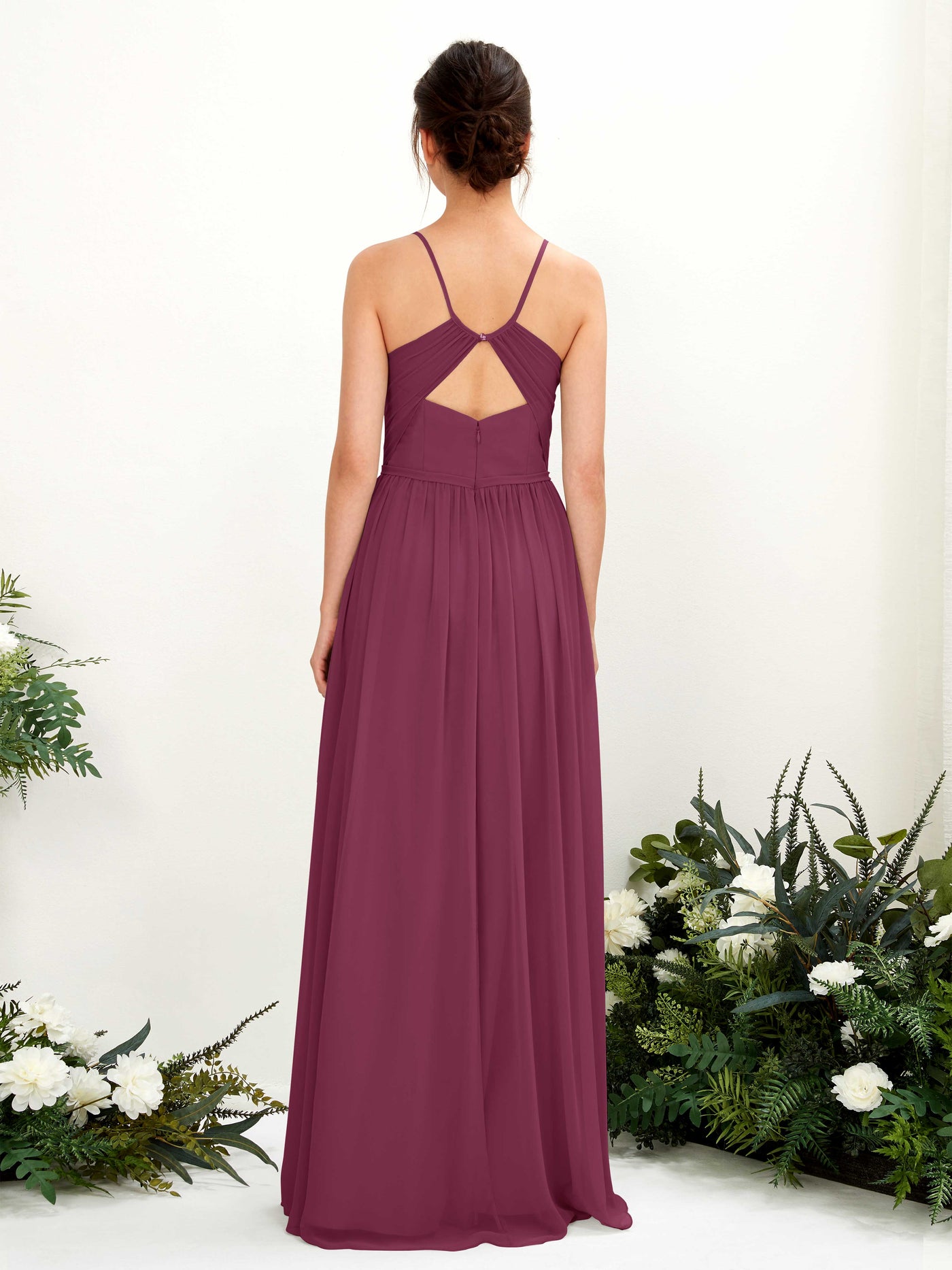 Spaghetti-straps V-neck Chiffon Bridesmaid Dress - Chianti (81221434)#color_chianti