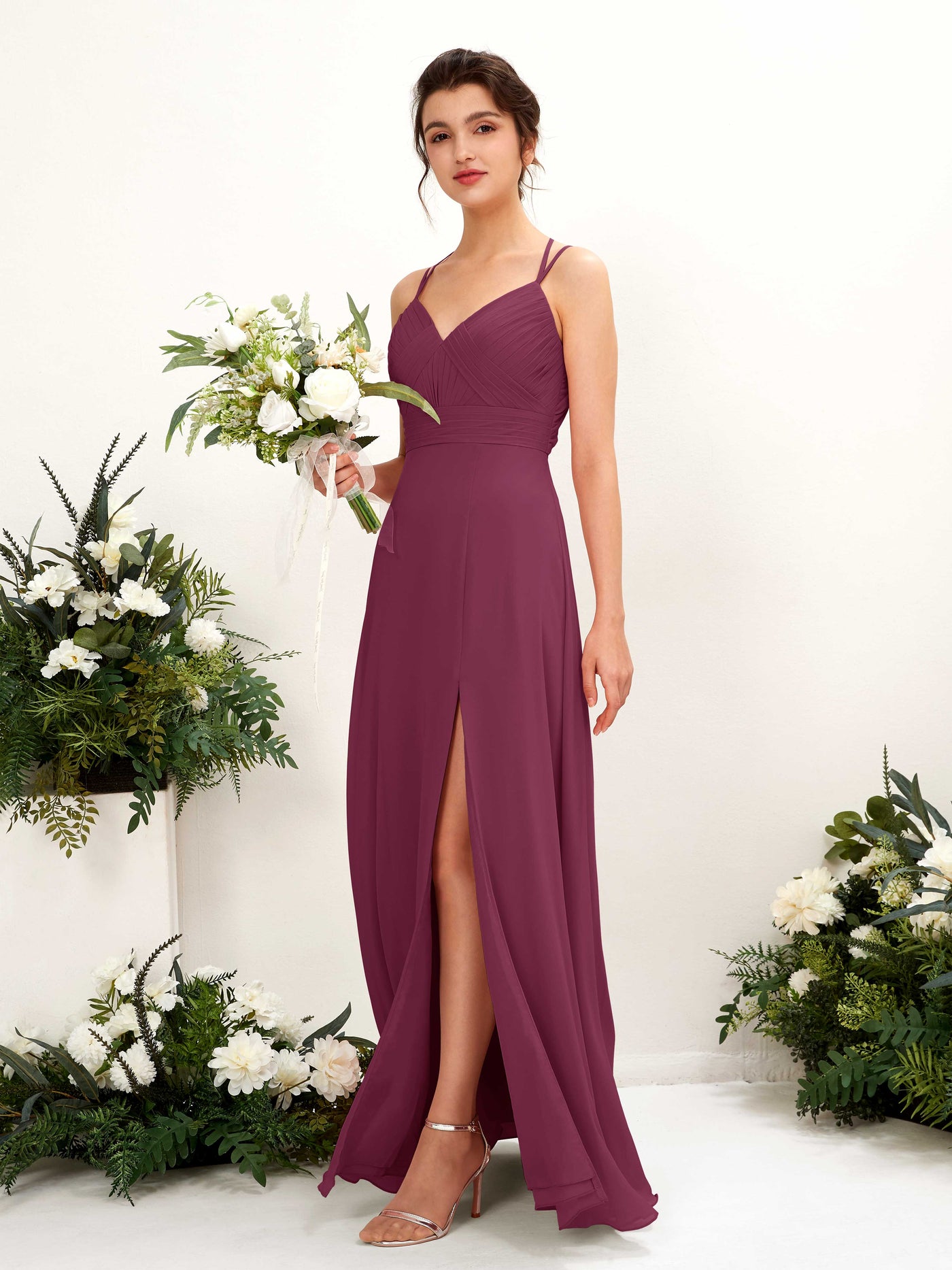 Straps V-neck Sleeveless Chiffon Bridesmaid Dress - Chianti (81225434)#color_chianti