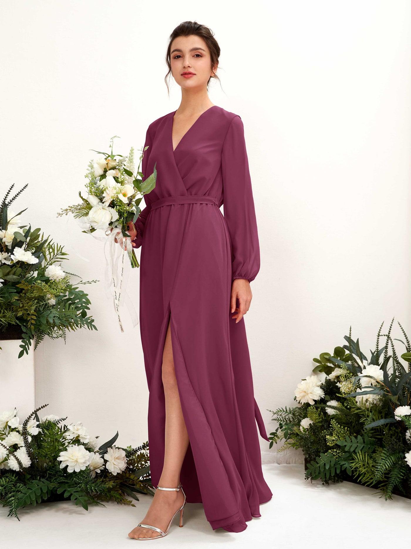 V-neck Long Sleeves Chiffon Bridesmaid Dress - Chianti (81223234)#color_chianti