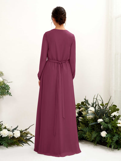 Carlyna Elsie A-Line Chianti Bridesmaid Dress Maxi Long Sleeve V-Neck Back View #color_chianti