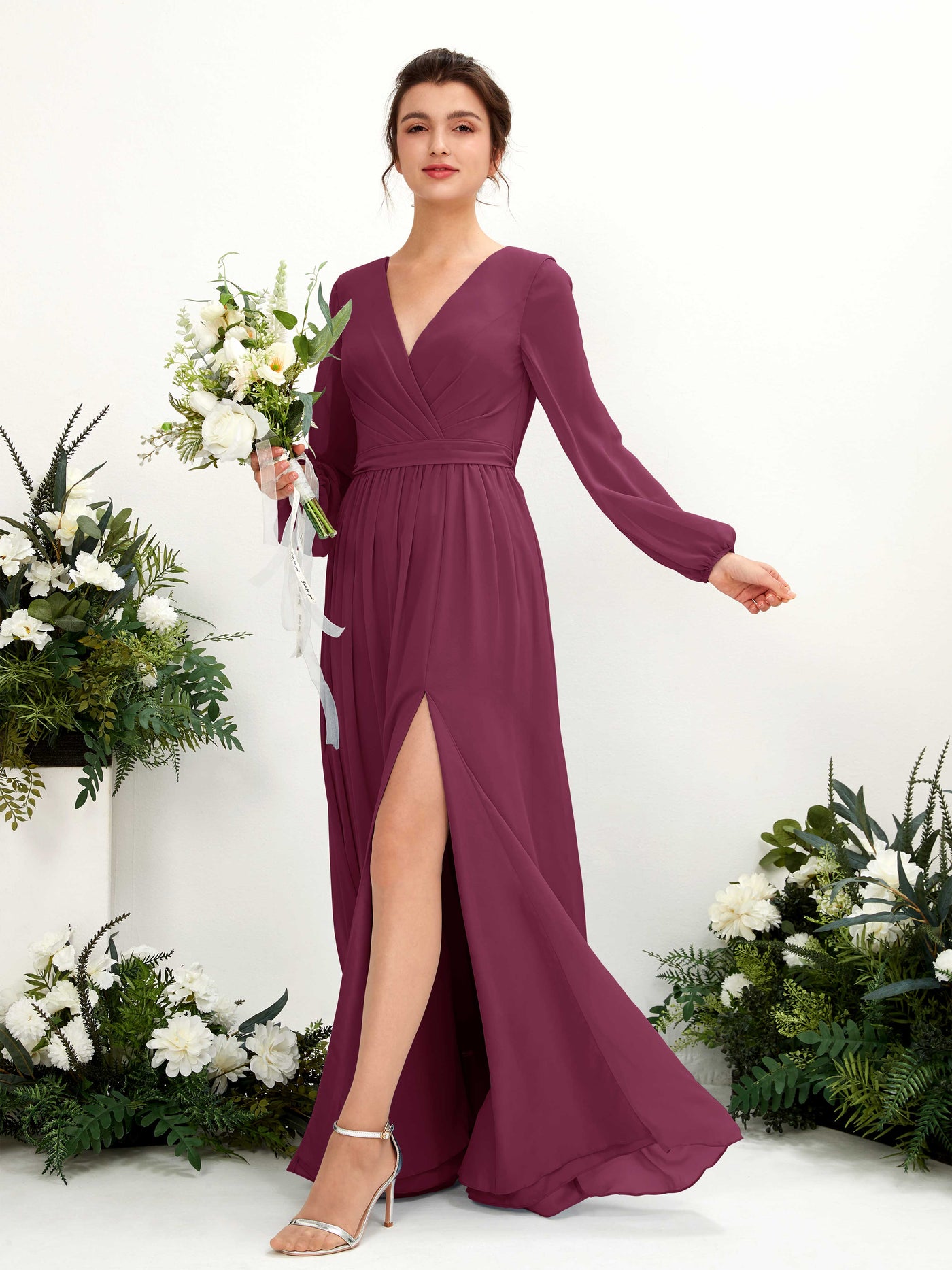 V-neck Long Sleeves Chiffon Bridesmaid Dress - Chianti (81223834)#color_chianti