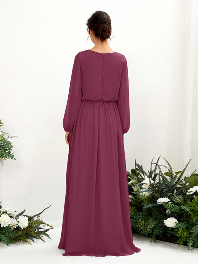 Carlyna Ginny A-Line Chianti Bridesmaid Dress Maxi Long Sleeve V-Neck Back View #color_chianti