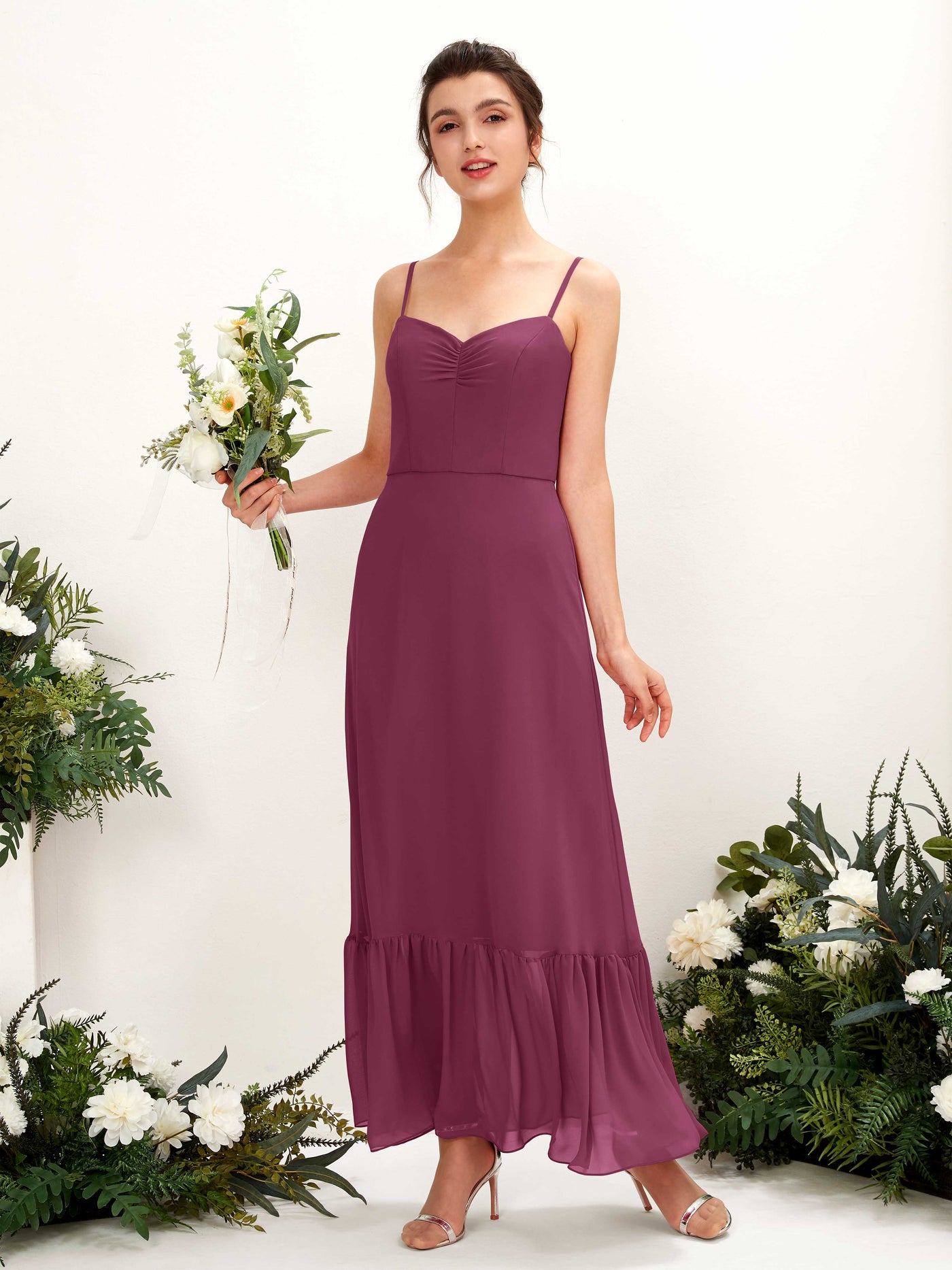 Spaghetti-straps Sweetheart Sleeveless Chiffon Bridesmaid Dress - Chianti (81223034)#color_chianti