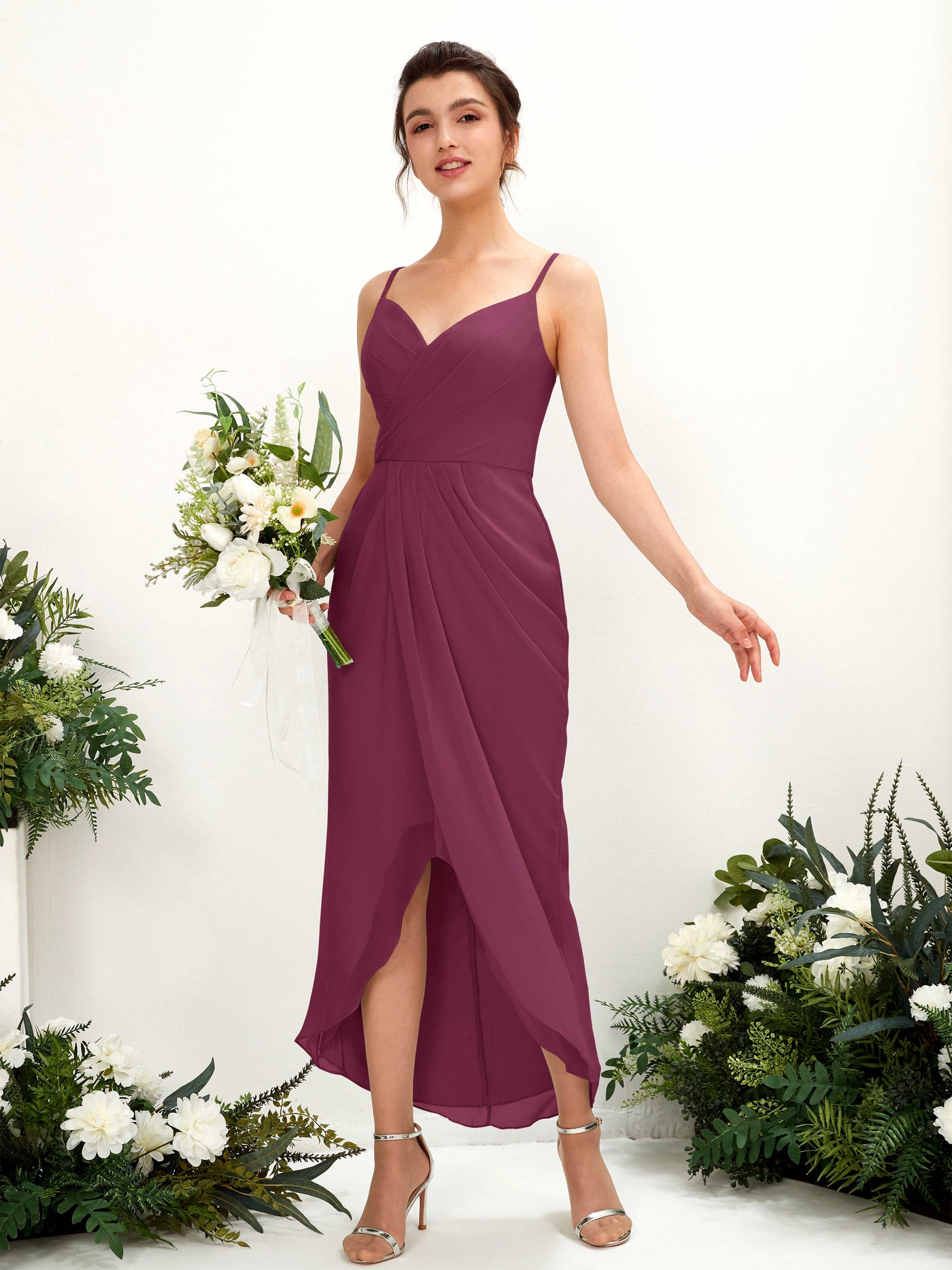 Spaghetti-straps V-neck Sleeveless Chiffon Bridesmaid Dress - Chianti (81221334)#color_chianti