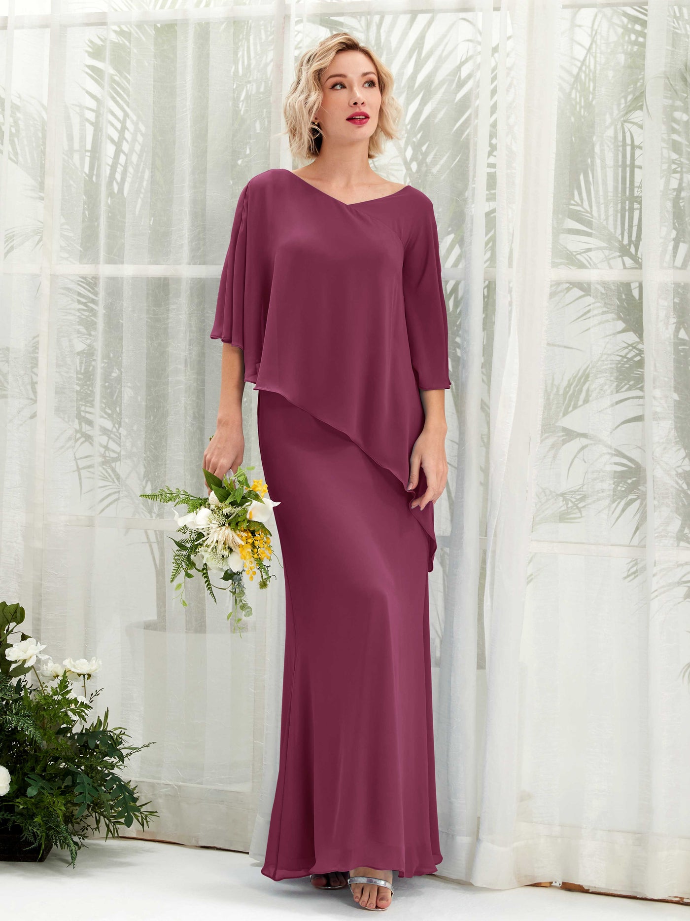 V-neck 3/4 Sleeves Chiffon Bridesmaid Dress - Chianti (81222534)#color_chianti