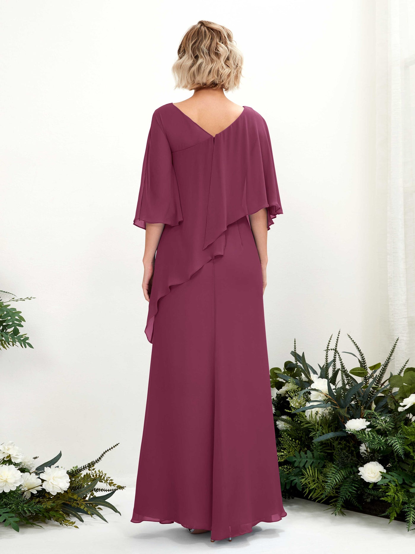 V-neck 3/4 Sleeves Chiffon Bridesmaid Dress - Chianti (81222534)#color_chianti