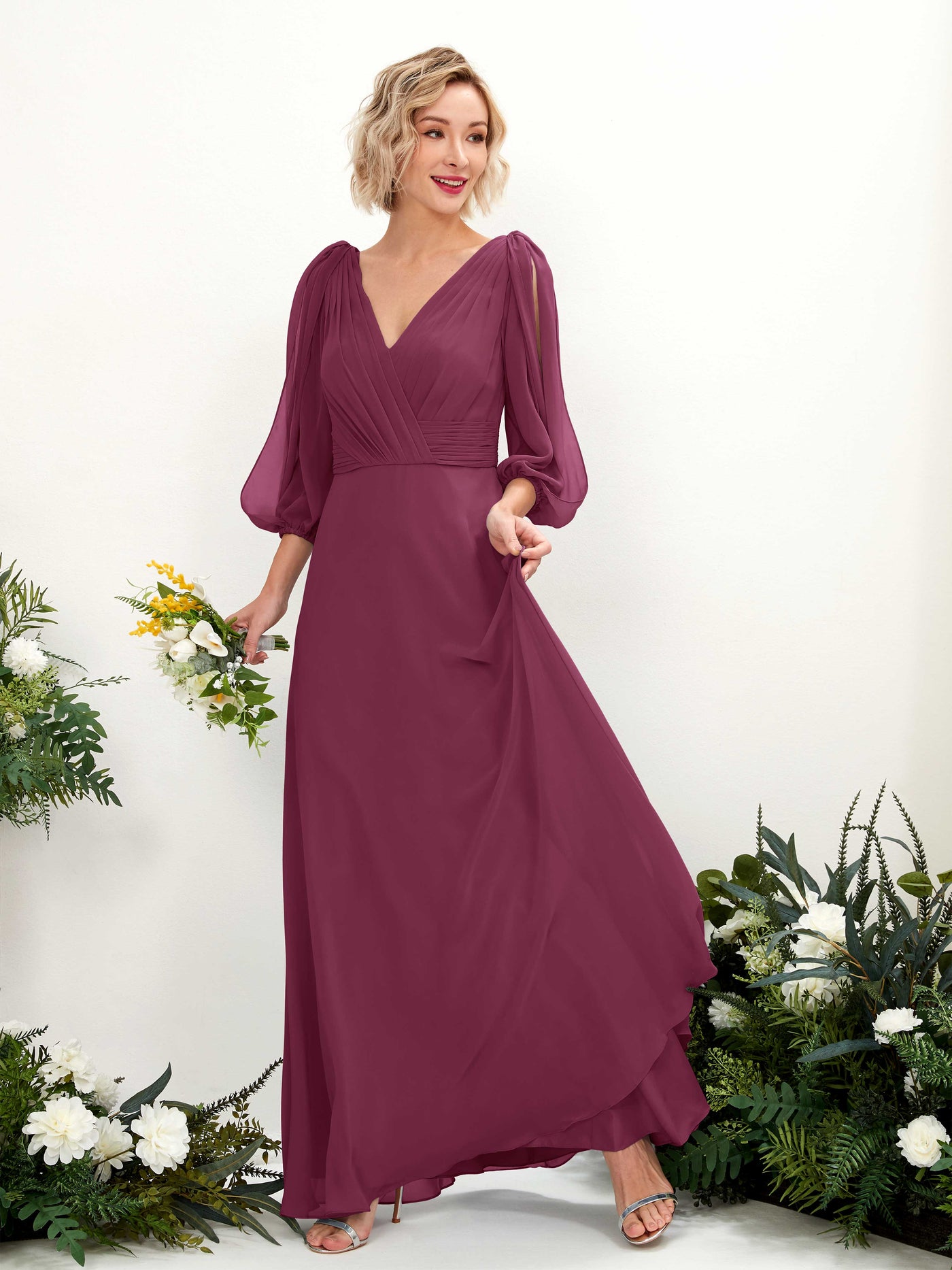 V-neck 3/4 Sleeves Chiffon Bridesmaid Dress - Chianti (81223534)#color_chianti