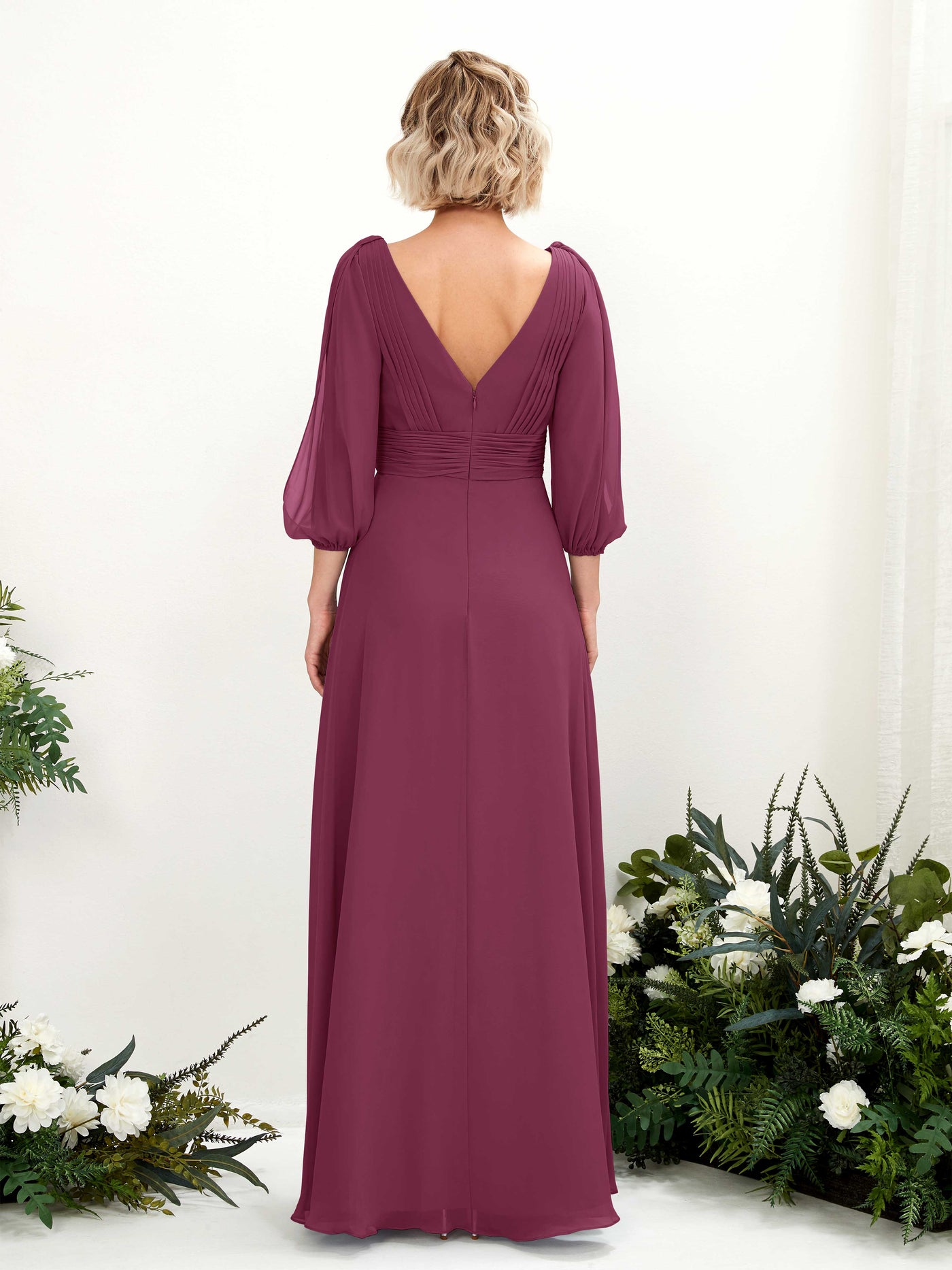 V-neck 3/4 Sleeves Chiffon Bridesmaid Dress - Chianti (81223534)#color_chianti