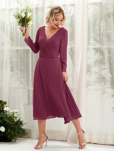 Carlyna Joanna A-Line Chianti Bridesmaid Dress Midi Long Sleeve V-Neck  #color_chianti