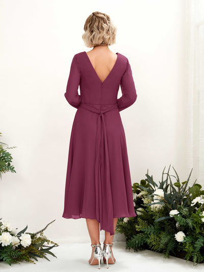 Carlyna Joanna A-Line Chianti Bridesmaid Dress Midi Long Sleeve V-Neck  #color_chianti