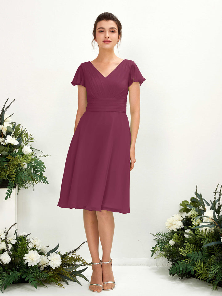 V-neck Short Sleeves Chiffon Bridesmaid Dress - Chianti (81220234)