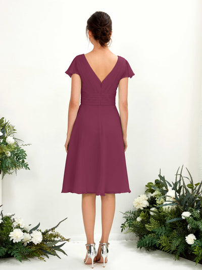 Carlyna Betty A-Line Chianti Bridesmaid Dress Knee-Length Short Sleeve V-Neck Dress Back View #color_chianti