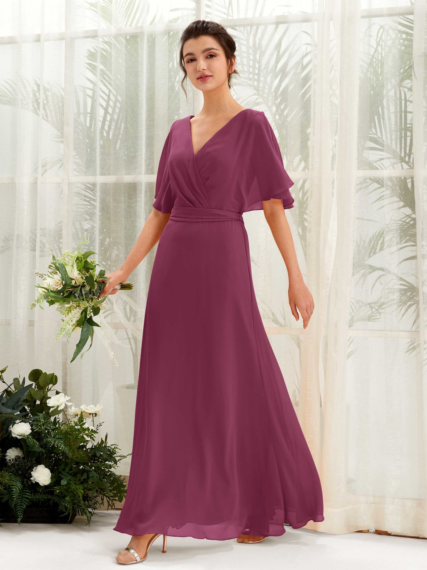 V-neck Short Sleeves Chiffon Bridesmaid Dress - Chianti (81222434)#color_chianti