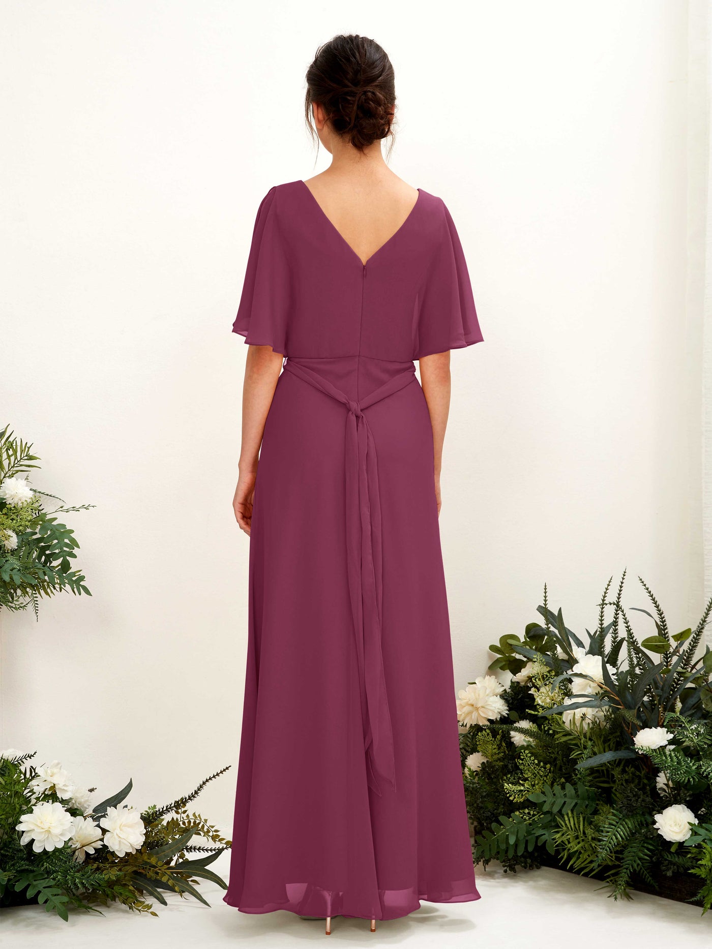 V-neck Short Sleeves Chiffon Bridesmaid Dress - Chianti (81222434)#color_chianti