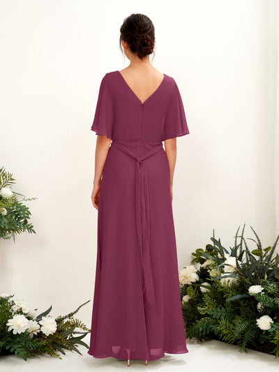 Carlyna Merta A-Line Chianti Bridesmaid Dress Maxi Short Sleeve V-Neck Dress #color_chianti