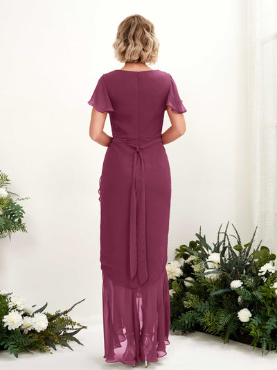Carlyna Eartha Mermaid Chianti Bridesmaid Dress Maxi Cap Sleeve V-Neck Dress Back View #color_chianti