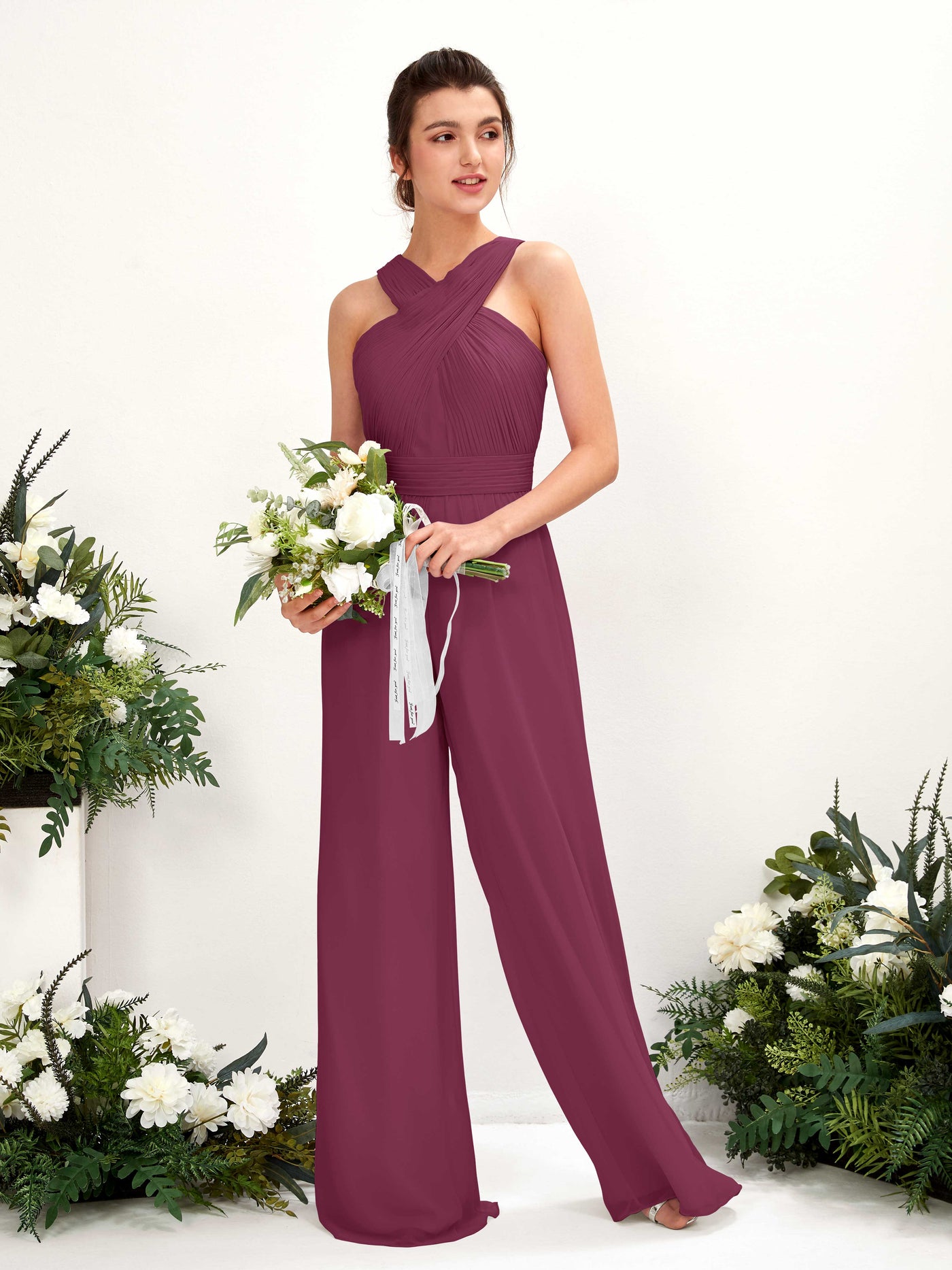 V-neck Sleeveless Chiffon Bridesmaid Dress Wide-Leg Jumpsuit - Chianti (81220734)#color_chianti