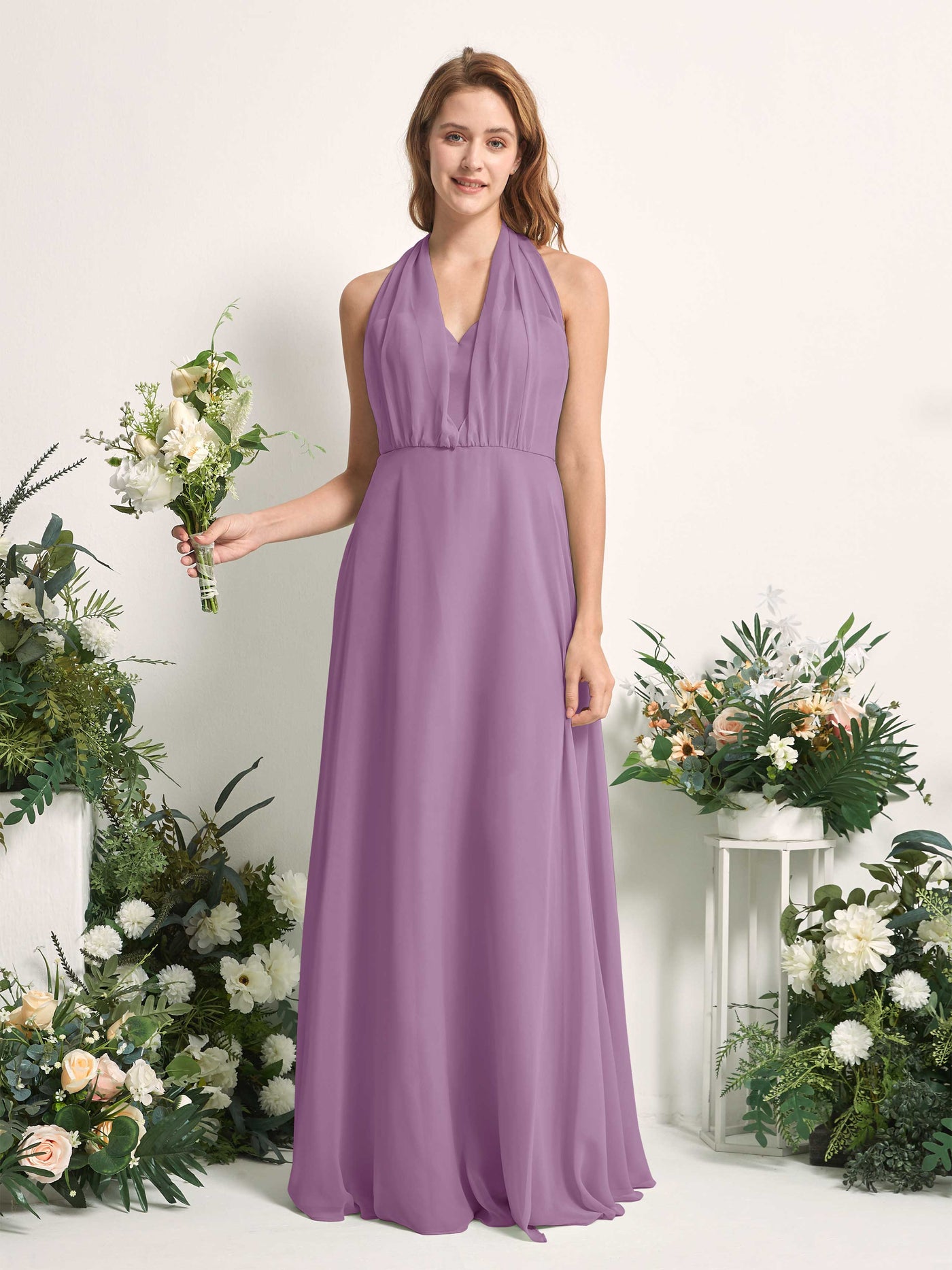 Bridesmaid Dress A-line Chiffon Halter Full Length Short Sleeves Wedding Party Dress - Orchid Mist (81226321)#color_orchid-mist