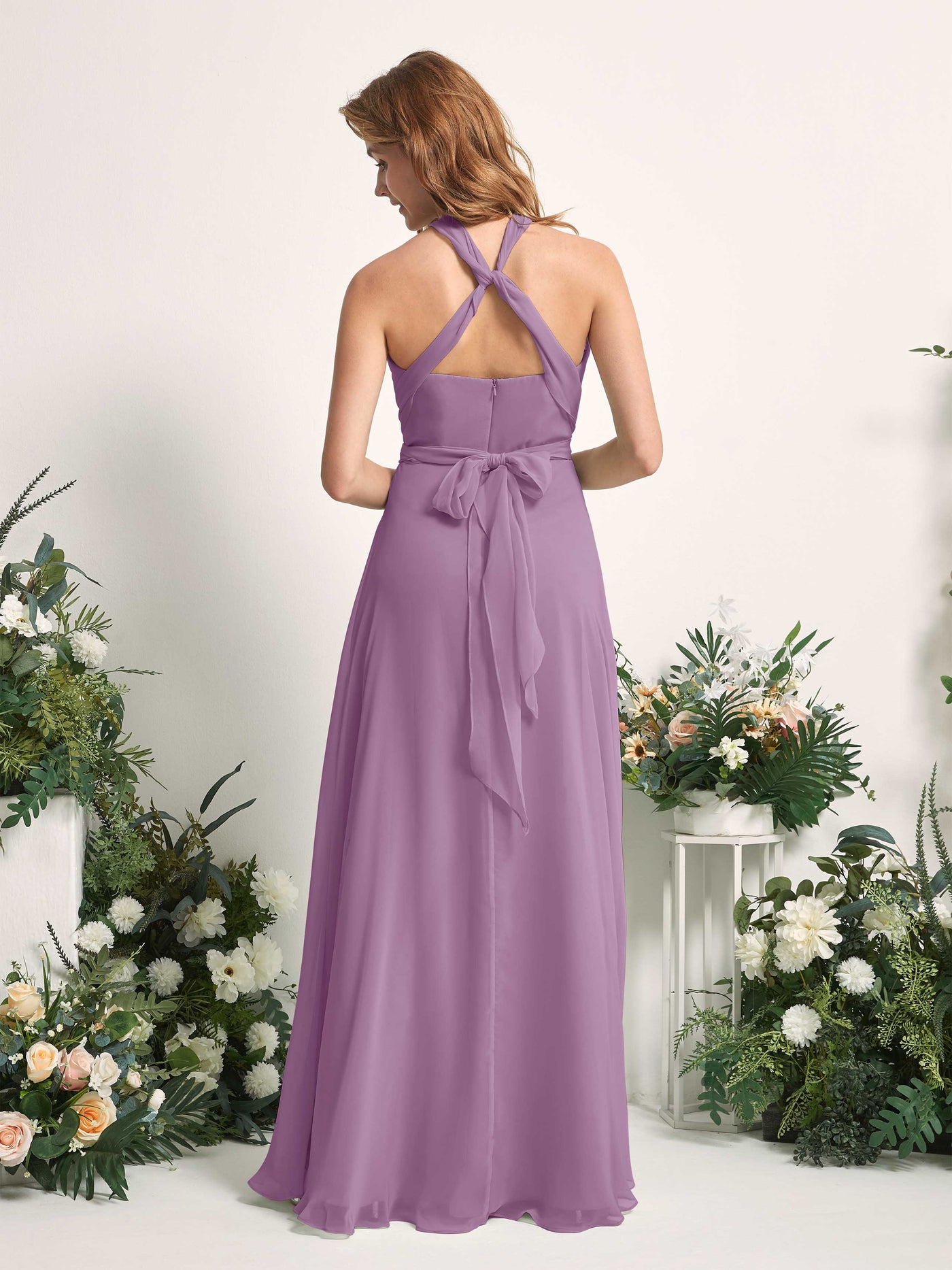 Bridesmaid Dress A-line Chiffon Halter Full Length Short Sleeves Wedding Party Dress - Orchid Mist (81226321)#color_orchid-mist
