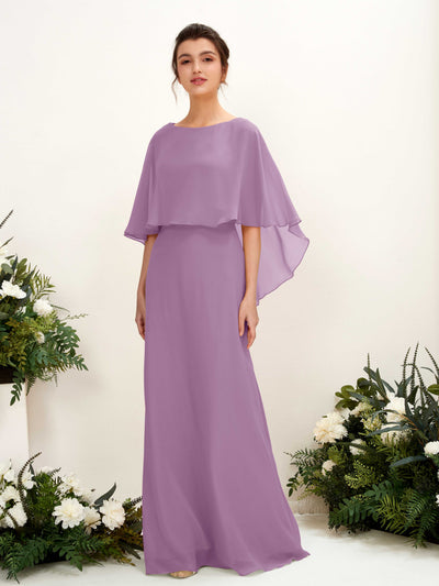 Carlyna Savin Sheath Orchid Mist Bridesmaid Dress Maxi Cap Sleeve Boat Neck Dress #color_orchid-mist
