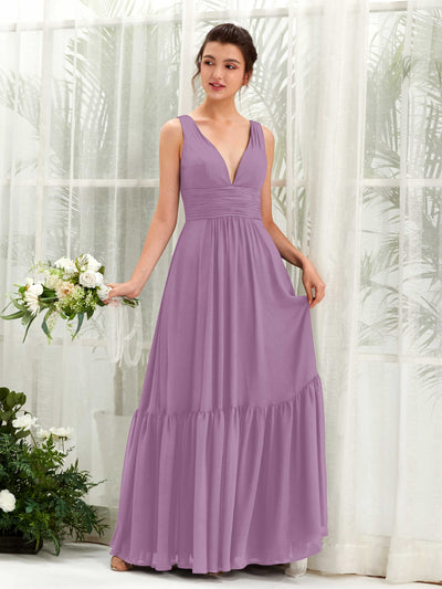 Carlyna Alissa A-Line Orchid Mist Bridesmaid Dress Maxi Sleeveless V-Neck Dress Front View #color_orchid-mist