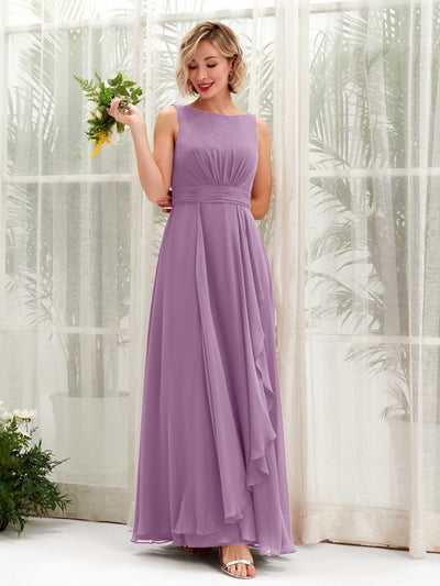 Carlyna Brianna A-Line Orchid Mist Bridesmaid Dress Maxi Sleeveless Boat Neck Dress Front View #color_orchid-mist