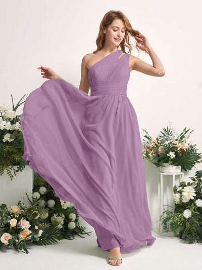 Carlyna Evelyn A-Line Orchid Mist Bridesmaid Dress Maxi Sleeveless One Shoulder Dress Side View 2 #color_orchid-mist