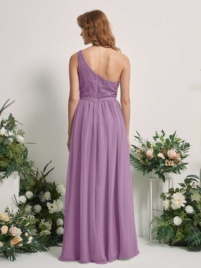 Carlyna Bonita A-Line Orchid Mist Embroidered Bridesmaid Dress Maxi Sleeveless One Shoulder Dress Back View #color_orchid-mist