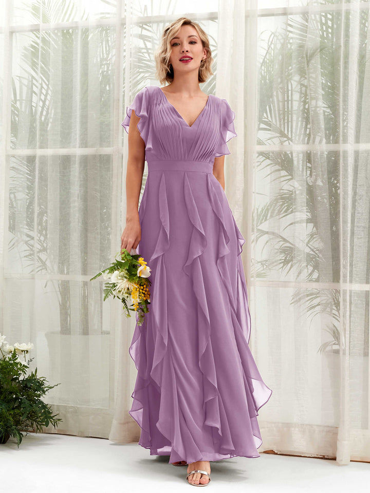 A-line V-neck Short Sleeves Chiffon Bridesmaid Dress - Orchid Mist (81226021)