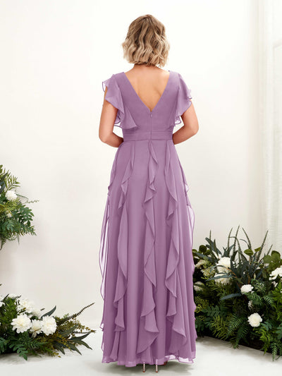 Carlyna Cynthia A-Line Orchid Mist Bridesmaid Dress Maxi Cap Sleeve V-Neck Dress Back View #color_orchid-mist