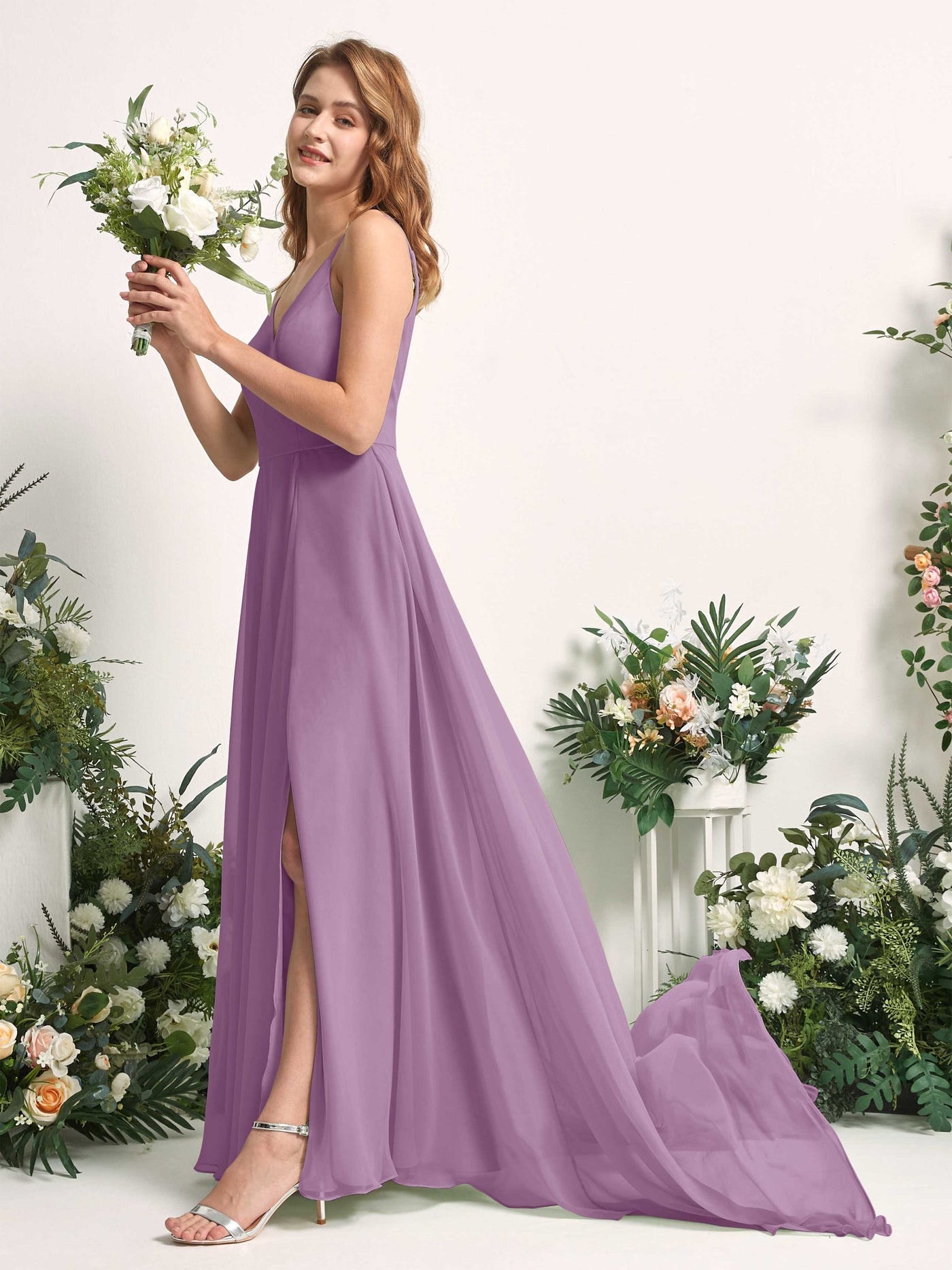 Bridesmaid Dress A-line Chiffon Spaghetti-straps Full Length Sleeveless Wedding Party Dress - Orchid Mist (81227721)#color_orchid-mist