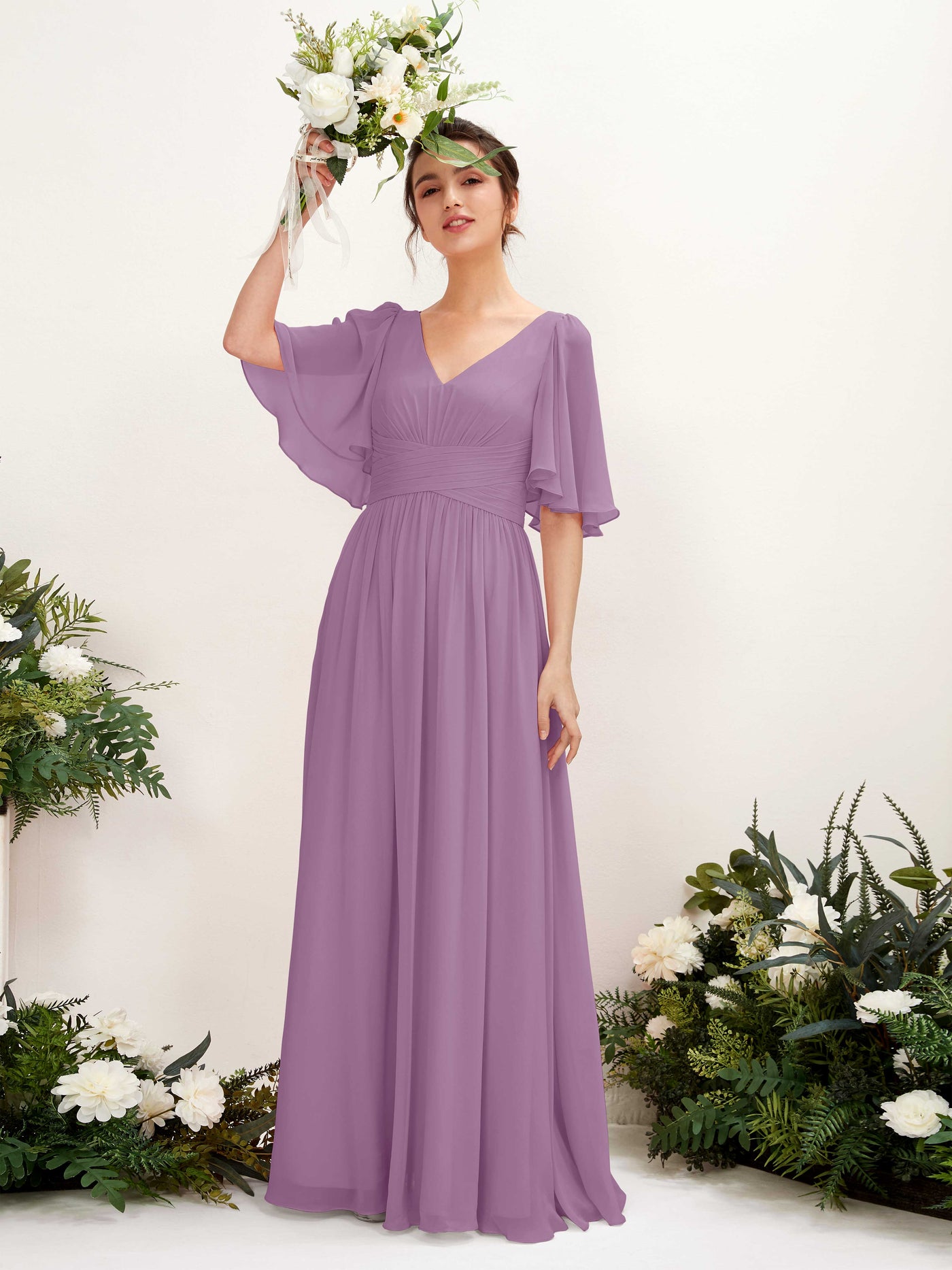 A-line V-neck 1/2 Sleeves Chiffon Bridesmaid Dress - Orchid Mist (81221621)#color_orchid-mist