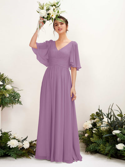 Carlyna Odette A-Line Orchid Mist Bridesmaid Dress Maxi Short Sleeve V-Neck Dress #color_orchid-mist
