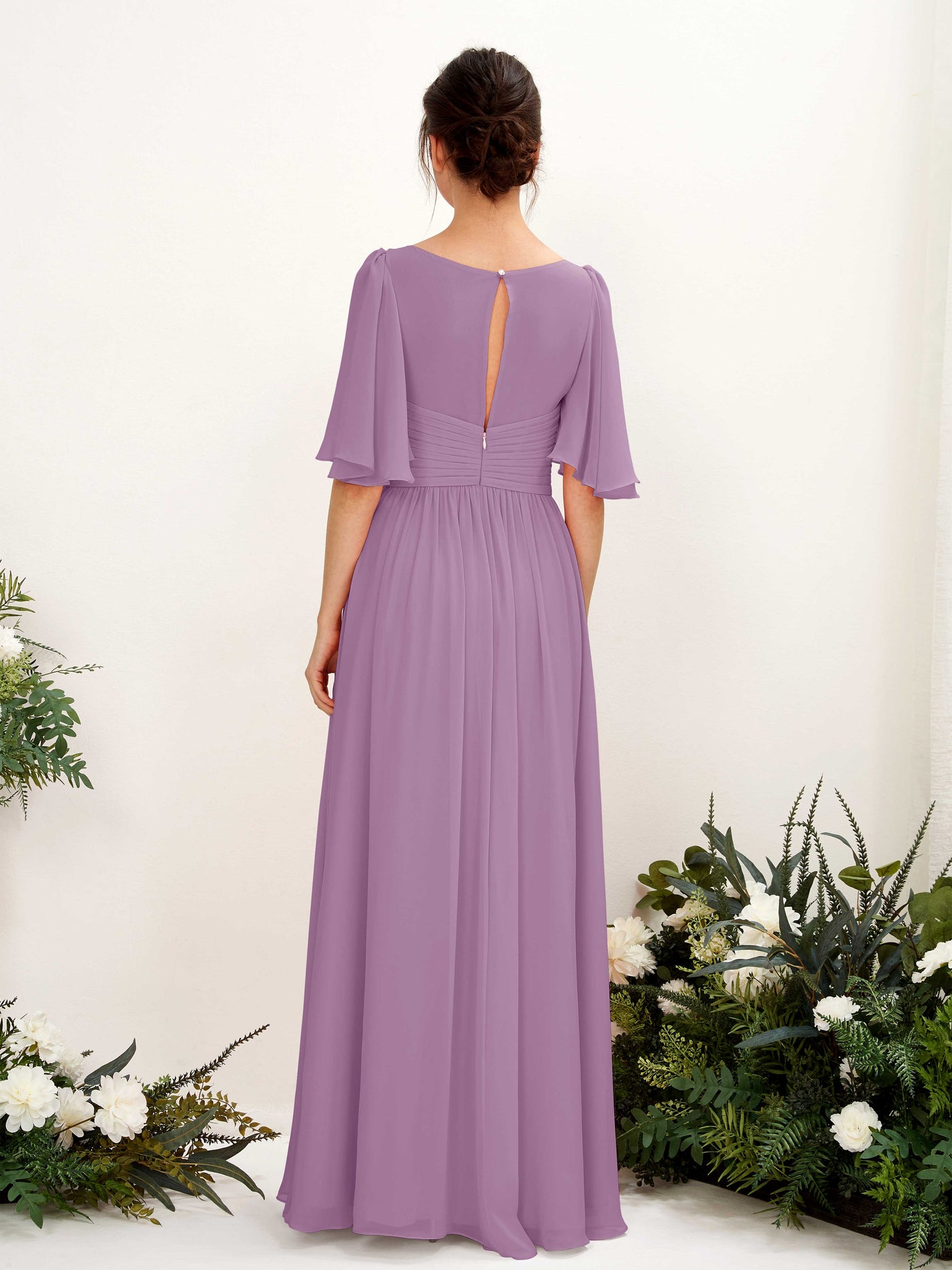 A-line V-neck 1/2 Sleeves Chiffon Bridesmaid Dress - Orchid Mist (81221621)#color_orchid-mist