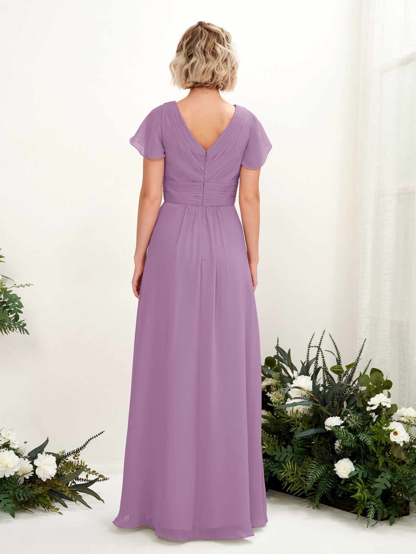 A-line V-neck Cap Sleeves Chiffon Bridesmaid Dress - Orchid Mist (81224321)#color_orchid-mist