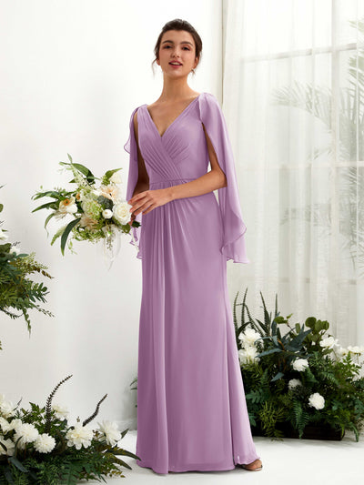 Carlyna Alain A-Line Orchid Mist Bridesmaid Dress Maxi Cap Sleeve V-Neck Dress Front View #color_orchid-mist