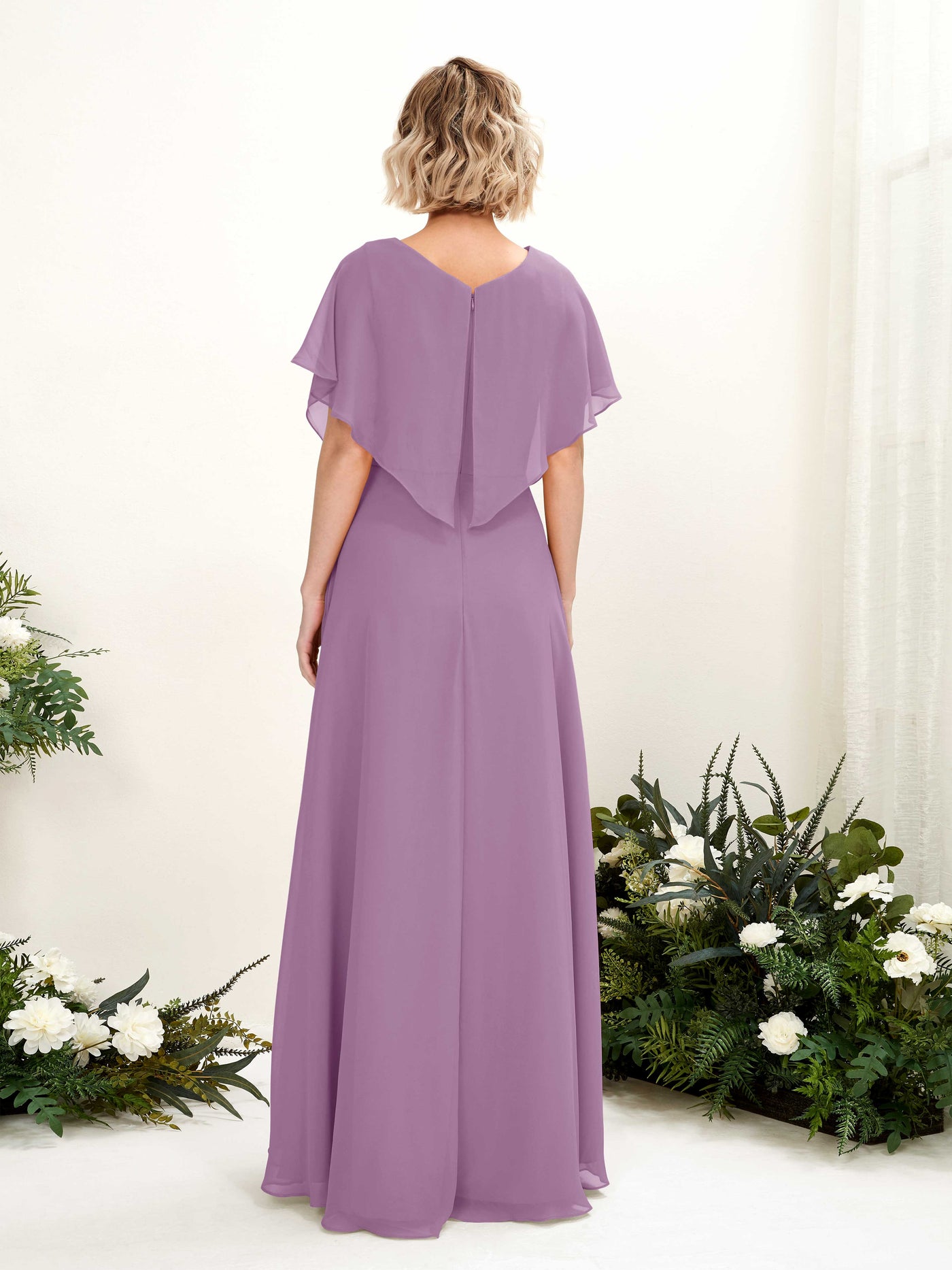 A-line V-neck Short Sleeves Chiffon Bridesmaid Dress - Orchid Mist (81222121)#color_orchid-mist