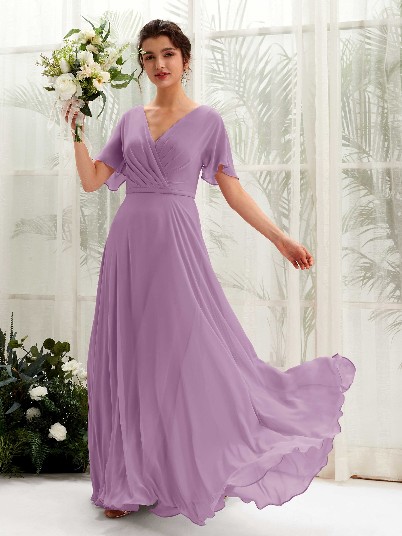 A-line V-neck Short Sleeves Chiffon Bridesmaid Dress - Orchid Mist (81224621)#color_orchid-mist
