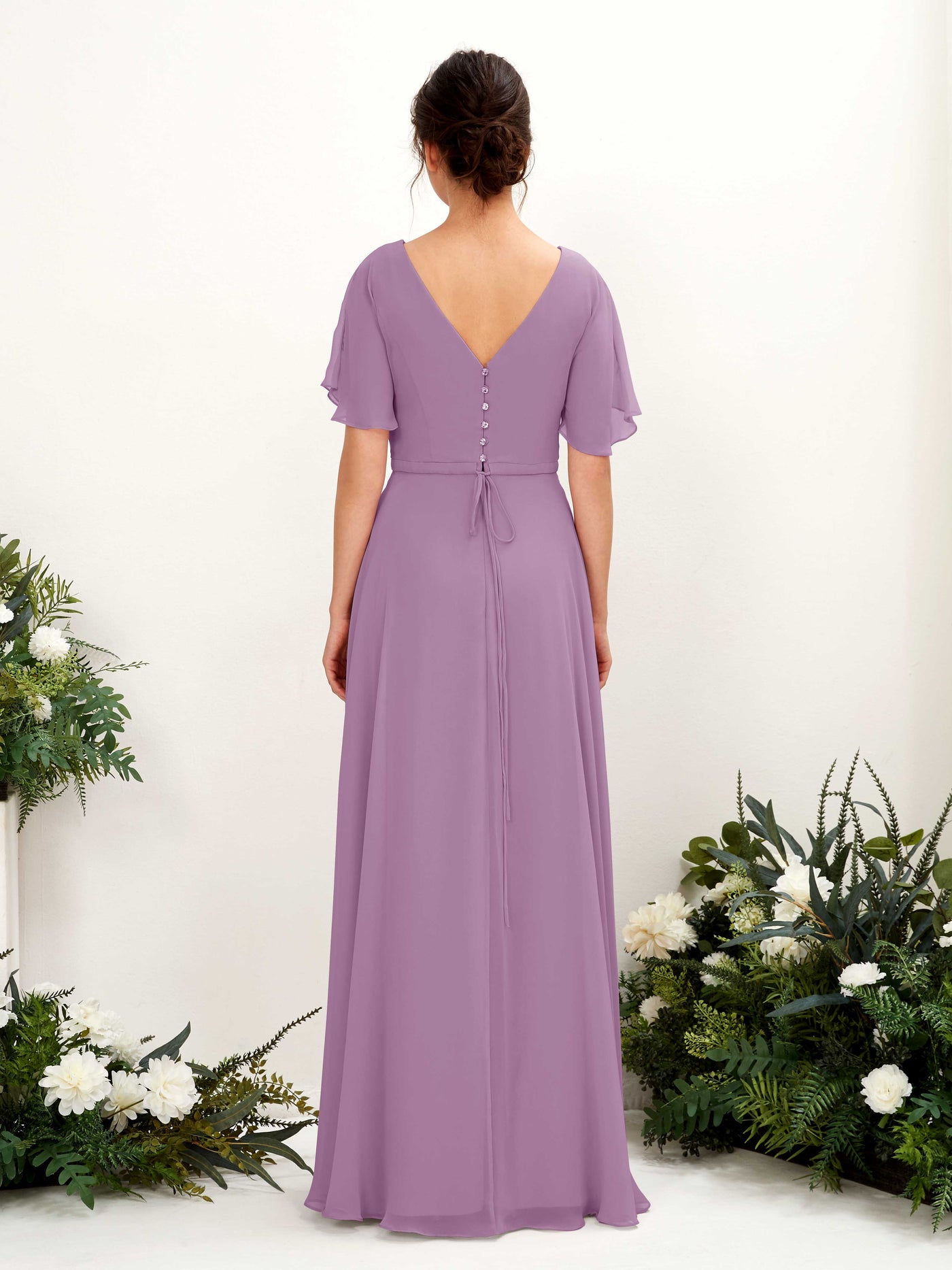 A-line V-neck Short Sleeves Chiffon Bridesmaid Dress - Orchid Mist (81224621)#color_orchid-mist
