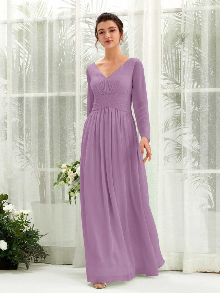 Ball Gown V-neck Long Sleeves Chiffon Bridesmaid Dress - Orchid Mist (81220321)
