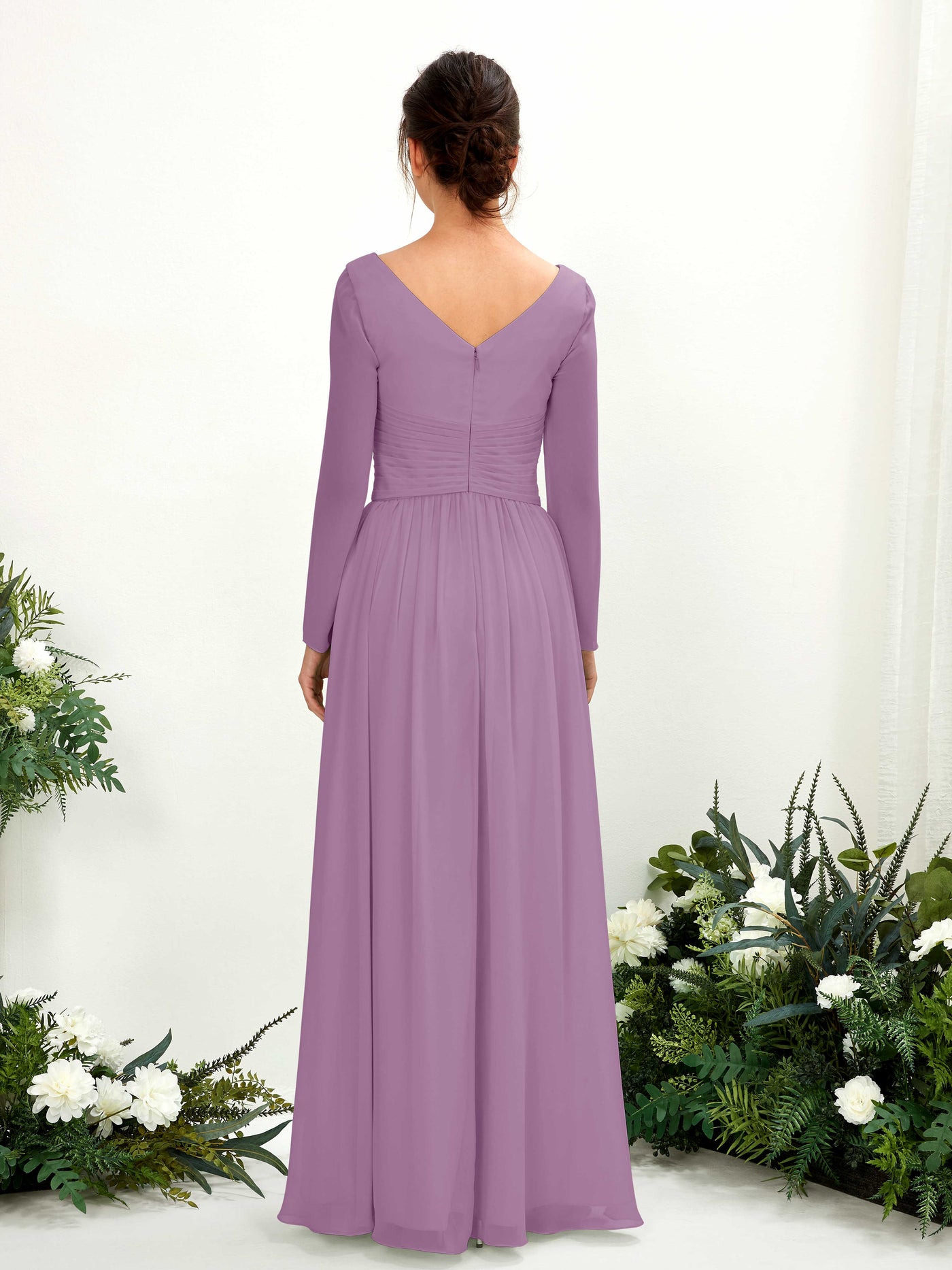 Ball Gown V-neck Long Sleeves Chiffon Bridesmaid Dress - Orchid Mist (81220321)#color_orchid-mist