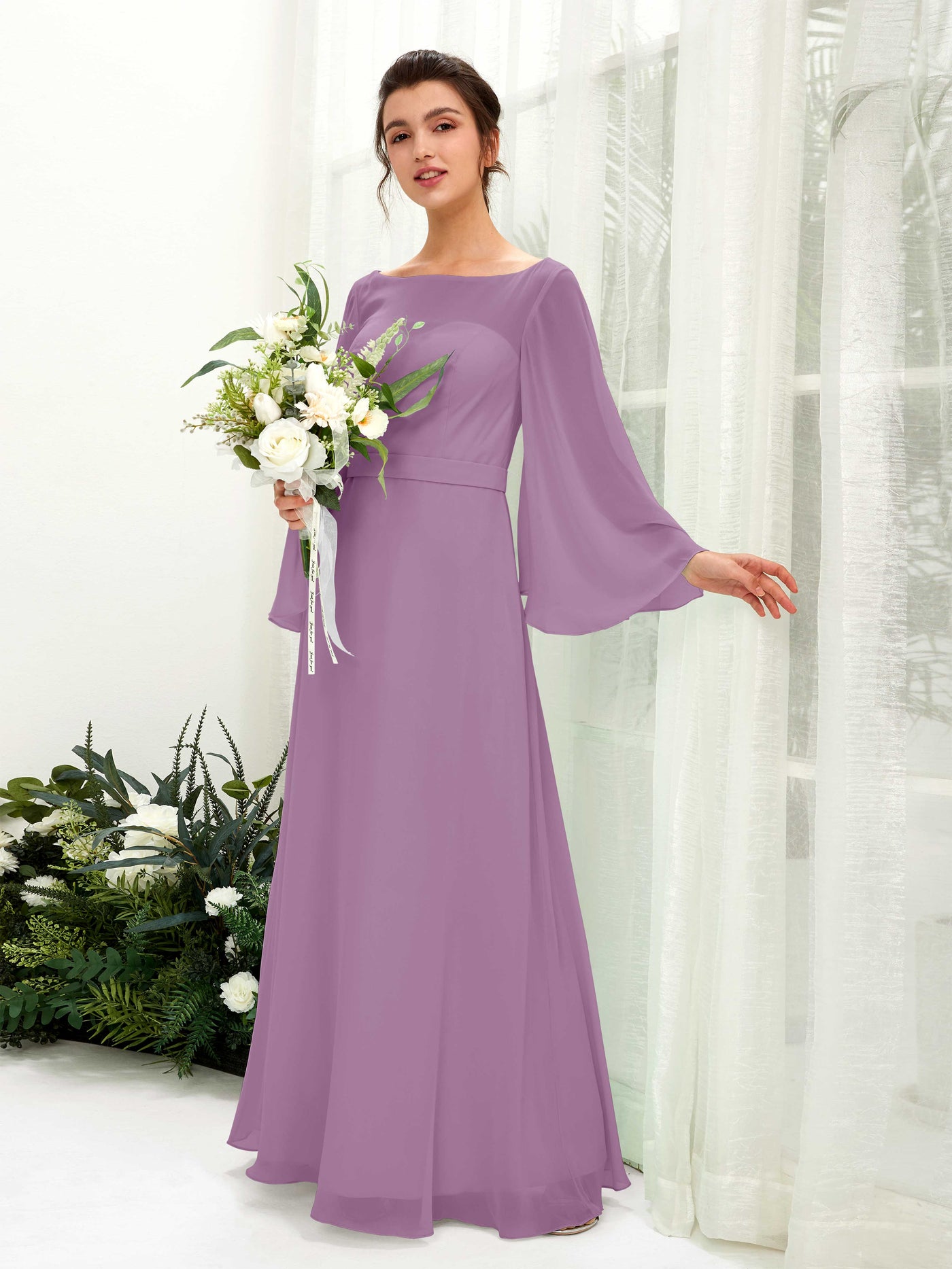 Bateau Illusion Long Sleeves Chiffon Bridesmaid Dress - Orchid Mist (81220521)#color_orchid-mist