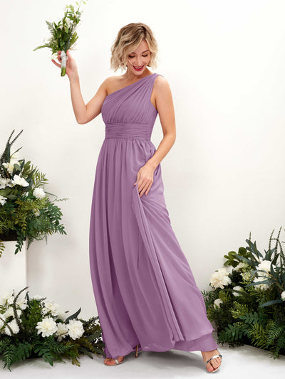 Carlyna Flaze A-Line Orchid Mist Bridesmaid Dress Maxi Sleeveless One Shoulder Dress Front View #color_orchid-mist